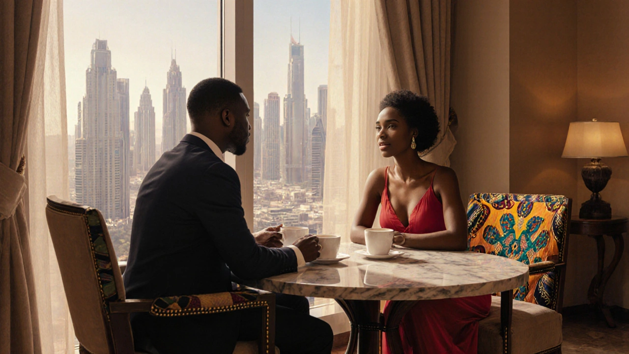 A client and ebony escort having a respectful conversation over coffee in a luxury hotel lobby.