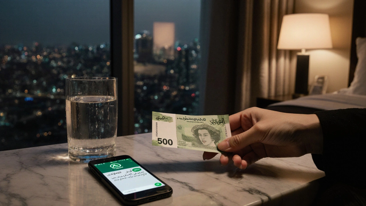 A hand places cash on a counter beside a smartphone showing a hotel name in Arabic script.