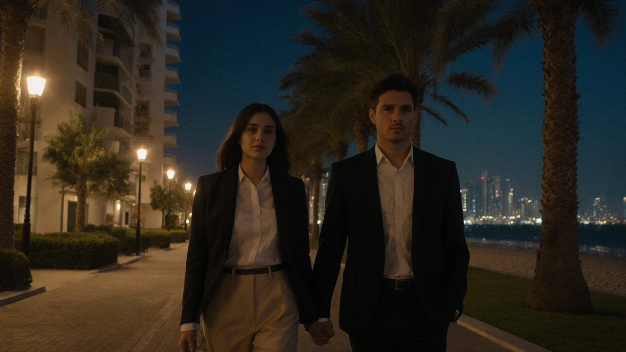 A man and woman walking quietly under palm trees at night near a luxury residence in Dubai, emphasizing privacy and discretion.