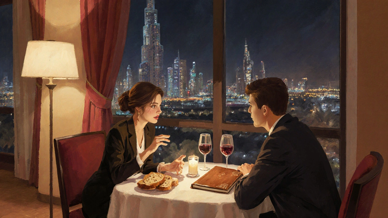 A quiet candlelit dinner in a Dubai hotel suite, an Italian woman and client sharing wine and conversation.