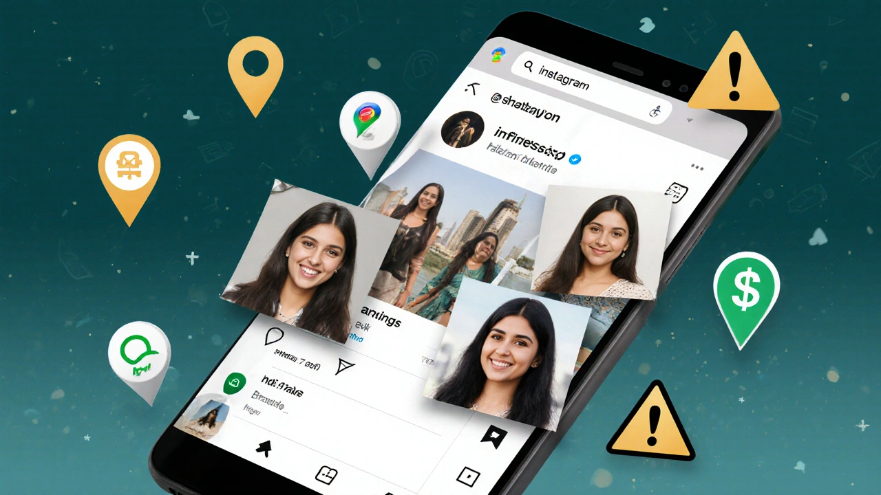 A smartphone screen shows blurred social media profiles of women in Dubai, surrounded by icons of money, location pins, and warning signs.