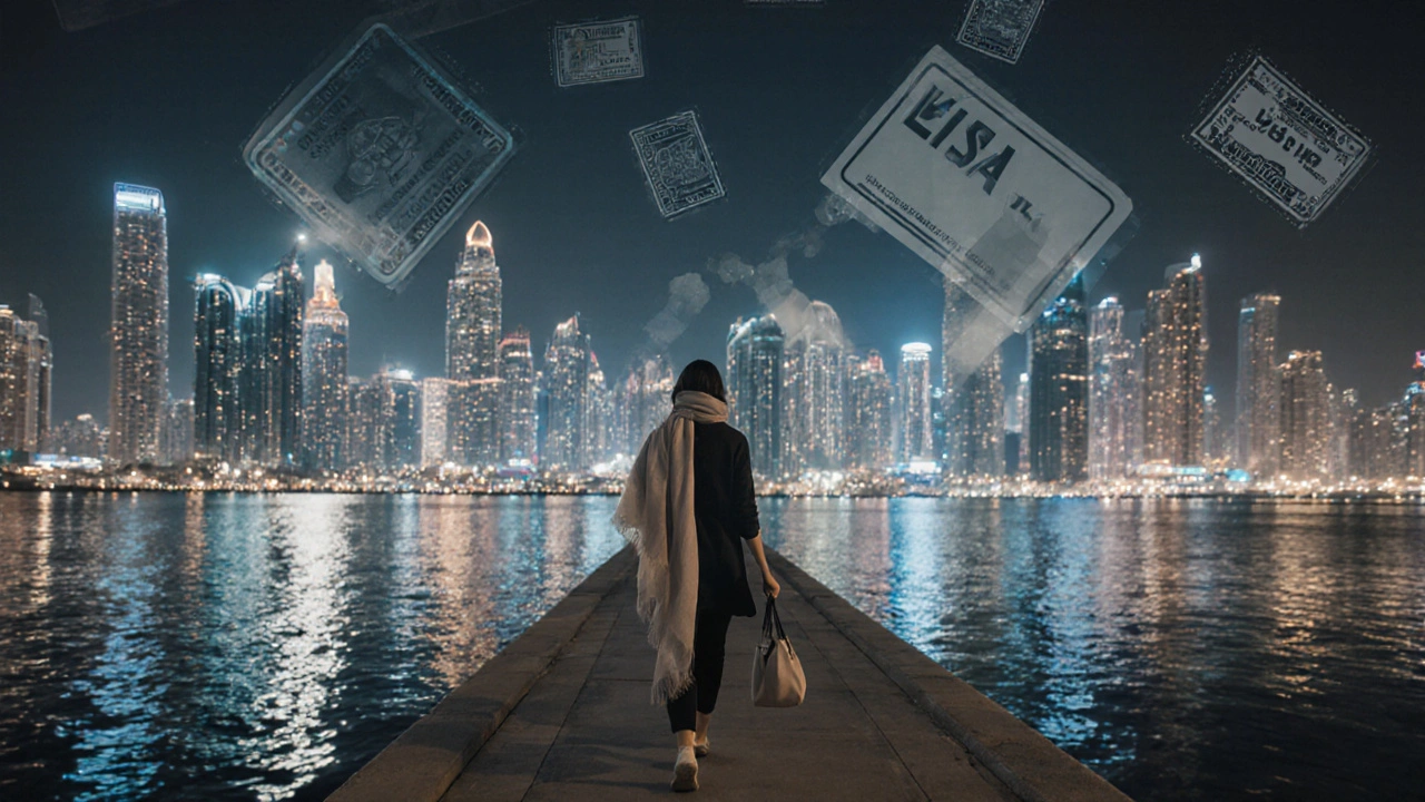 A woman walks along Dubai Marina at night, skyscrapers reflecting in the water, with faint translucent images of handcuffs and visas fading into the horizon.