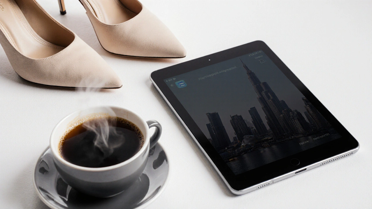 An encrypted messaging app beside a cup of Arabic coffee and elegant heels, with Dubai&#039;s skyline reflected on the screen.