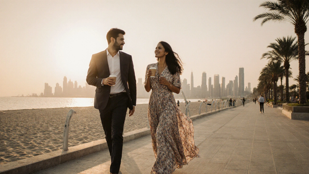 An Indian woman and a man walking along Jumeirah Beach at sunset, enjoying a quiet, respectful outing.