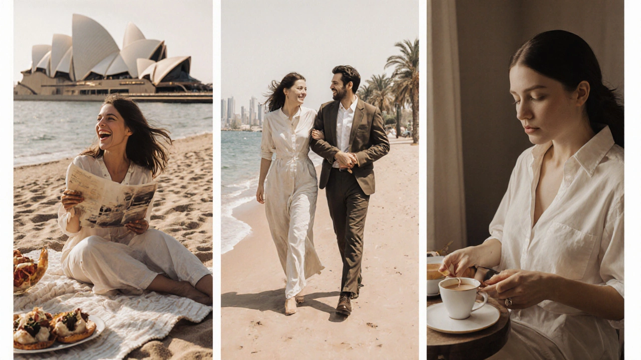 Collage of authentic companionship moments: beach picnic, opera walk, and quiet tea time in Dubai.