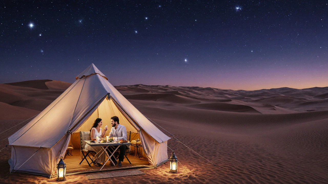 Couples sharing a quiet dinner under stars during a safe desert safari in Dubai.
