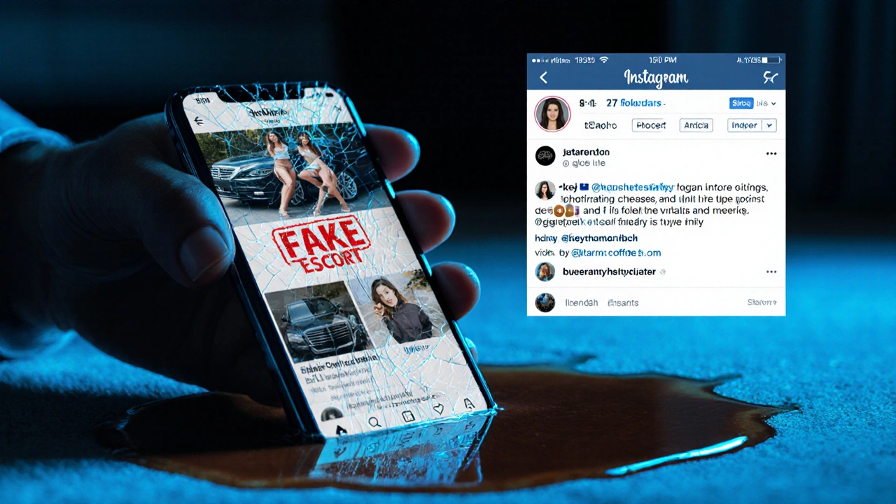 Cracked phone displaying fake escort ad next to real social media profile, coffee spill symbolizing deception.