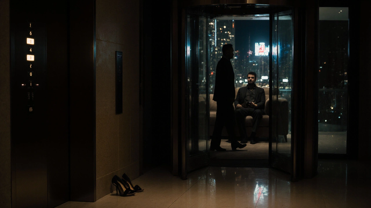 Empty hotel lobby at night with high-heeled shoes near the exit and a shadowy figure leaving.
