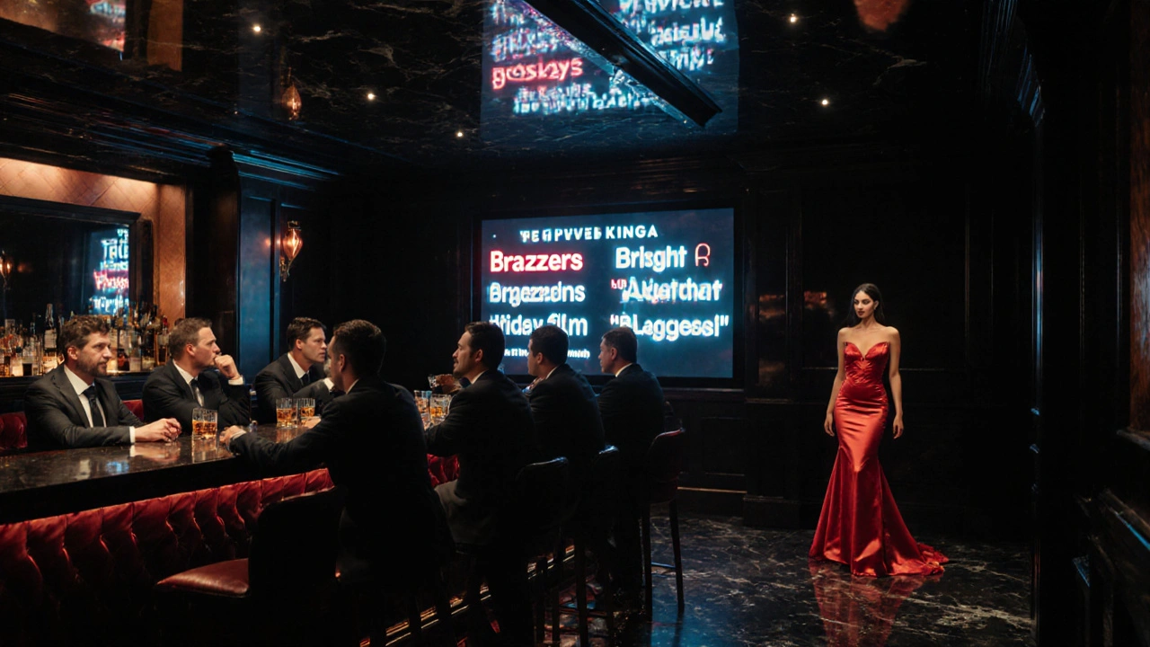 Exclusive Dubai club with shadowy figure in red gown among well-dressed men, blurred adult film credits on screen.
