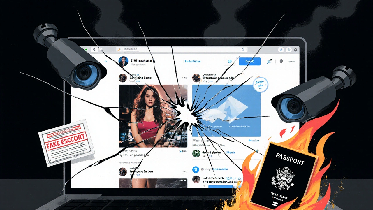 Faked escort ads cracking open to reveal police sirens and a burning passport.