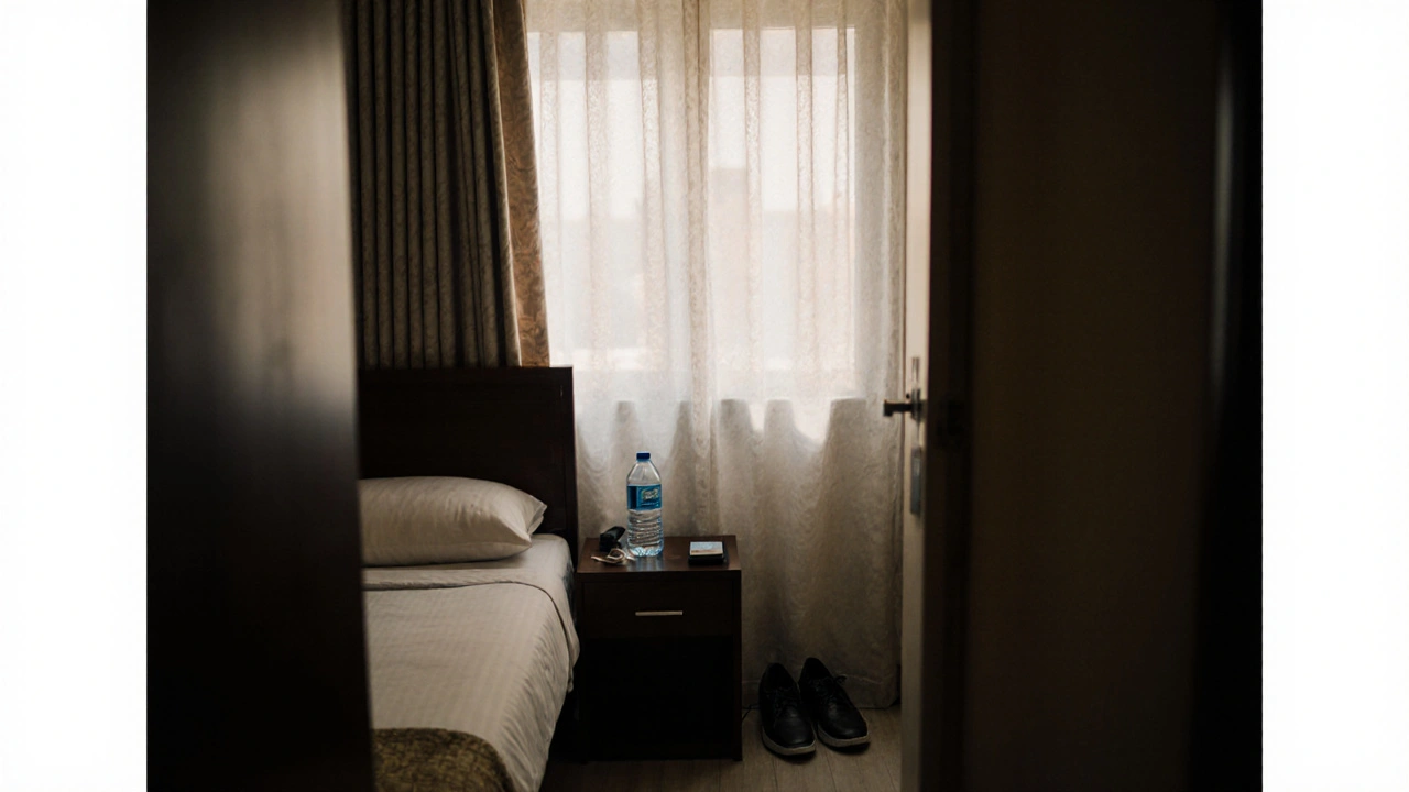 Modest hotel room in Al Ras with simple bedside items, conveying quiet, discreet living.