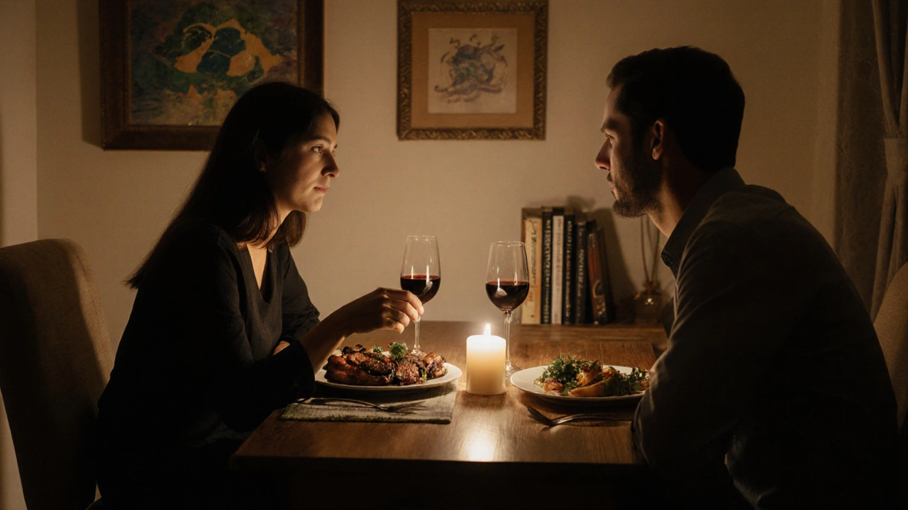 Quiet dinner moment between a woman and client, sharing food and conversation in private.