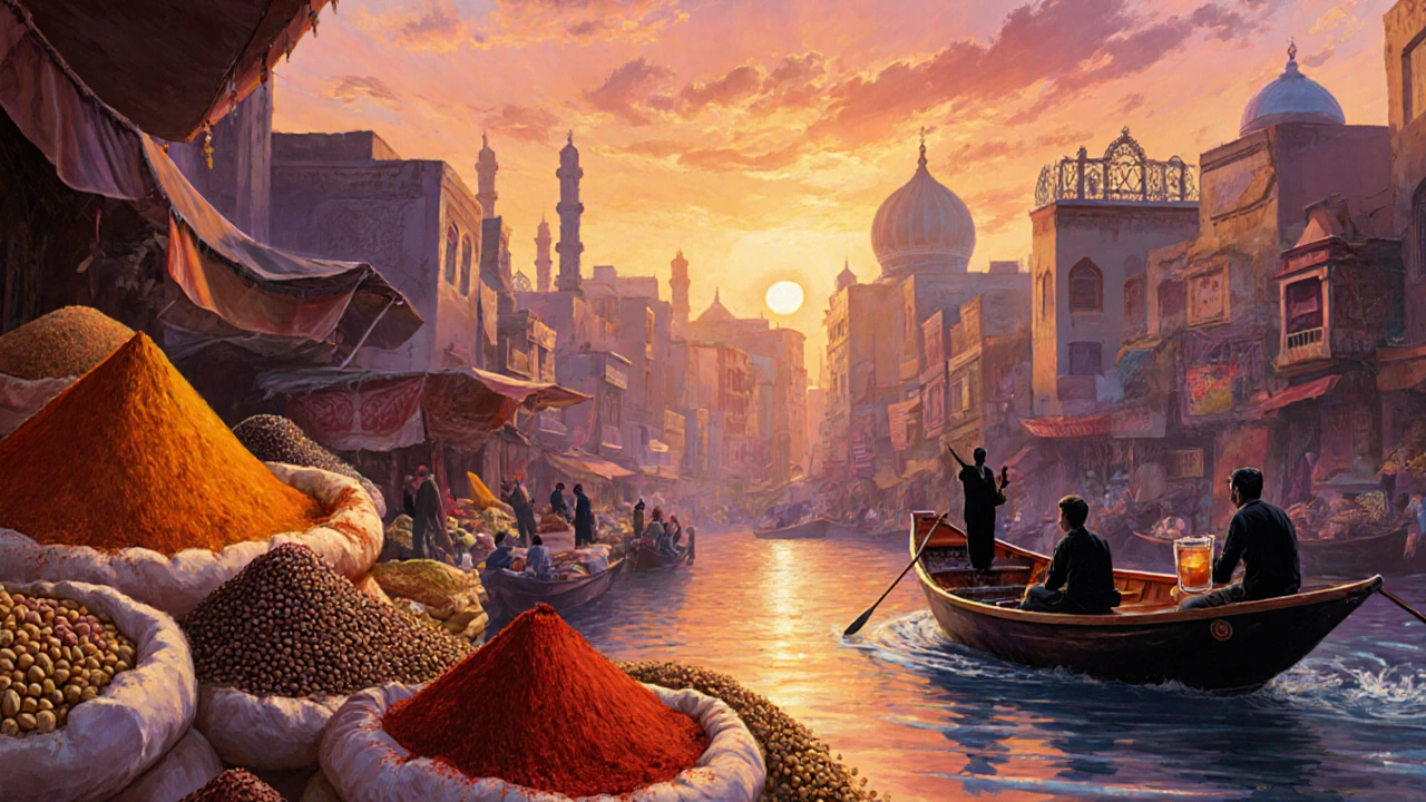 Vibrant Spice Souk at sunset with colorful spices, an abra on the creek, and a rooftop tea drinker.